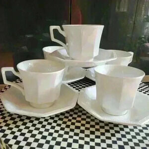 Set of 5-Heritage White Tea Cups and Saucers
